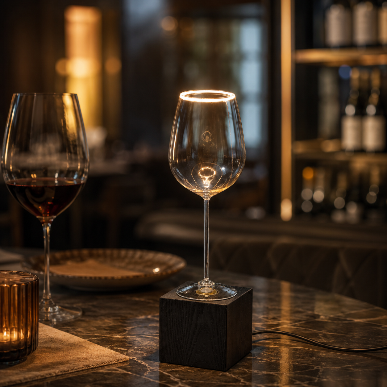 Roma wine glass Aura Ring table lamp with black wooden block base and visible power cable on a luxury restaurant table with warm ambient lighting.