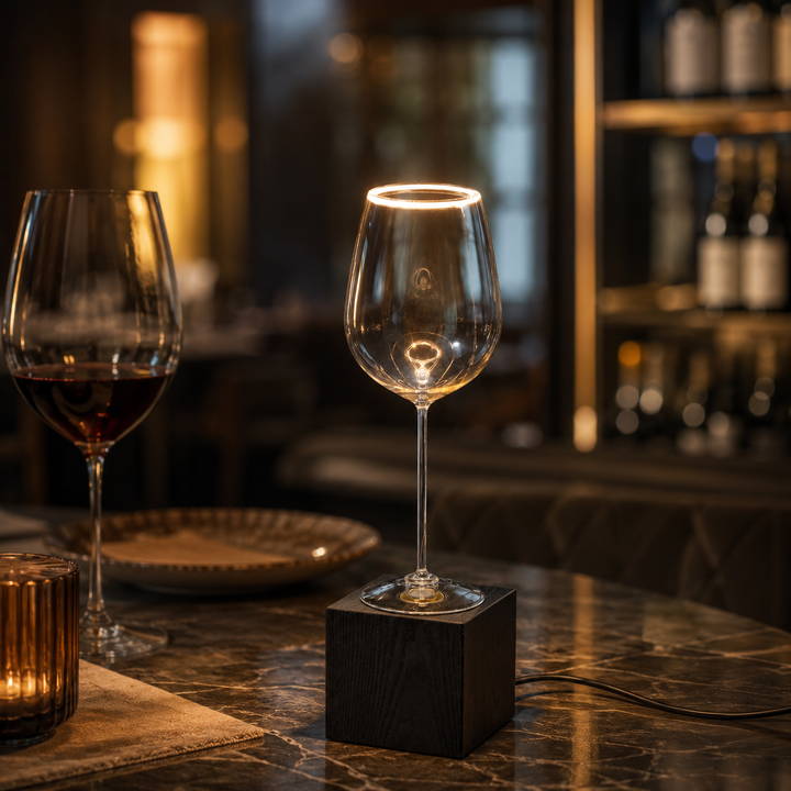 Roma wine glass Aura Ring table lamp with black wooden block base and visible power cable on a luxury restaurant table with warm ambient lighting.