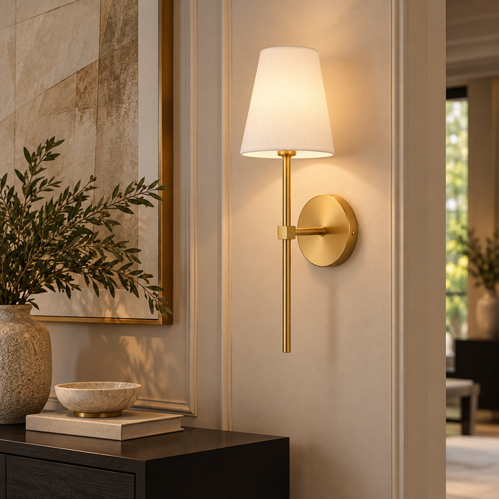 Ronda gold wall light in modern hallway