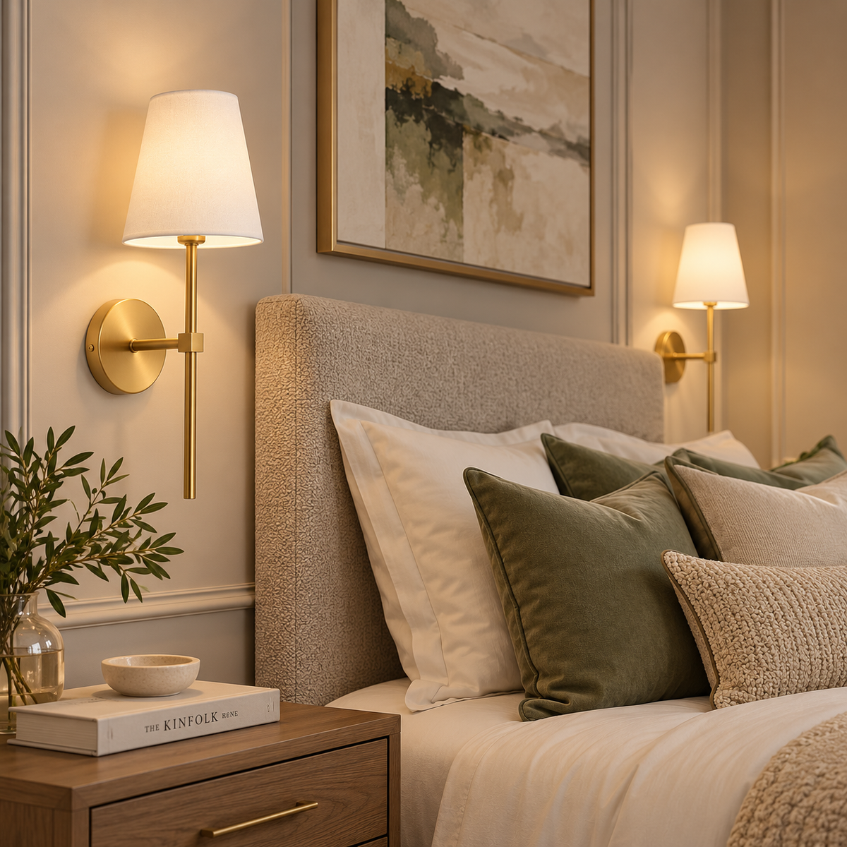 Ronda gold wall lights beside upholstered bed