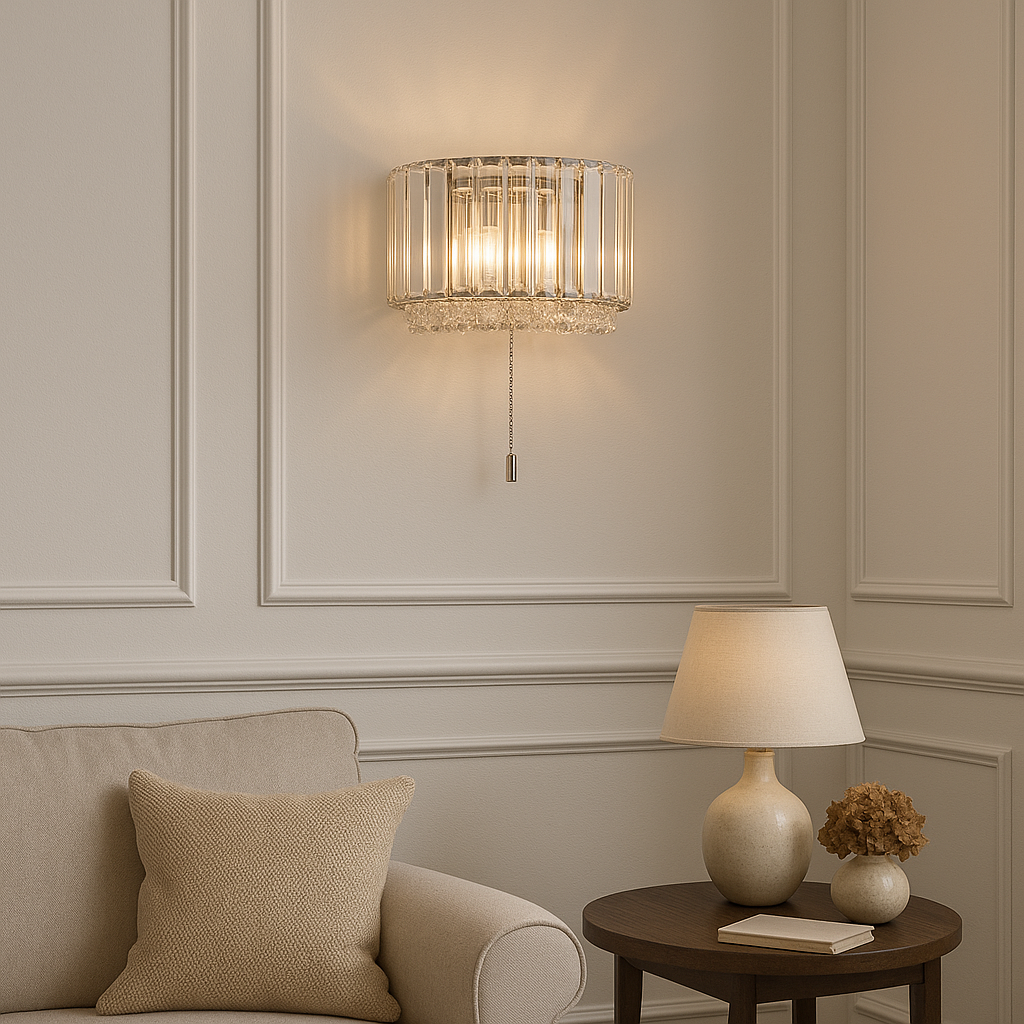 Salzburg crystal wall light on white panelled wall