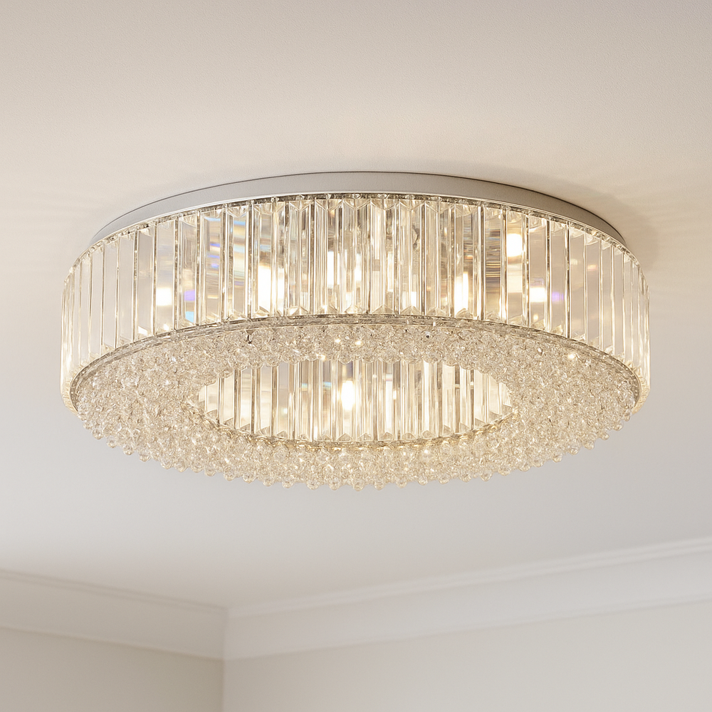 Salzburg Large Polo Flush crystal ceiling light, 60cm wide, shown close-up with prisms and crystal base detail.