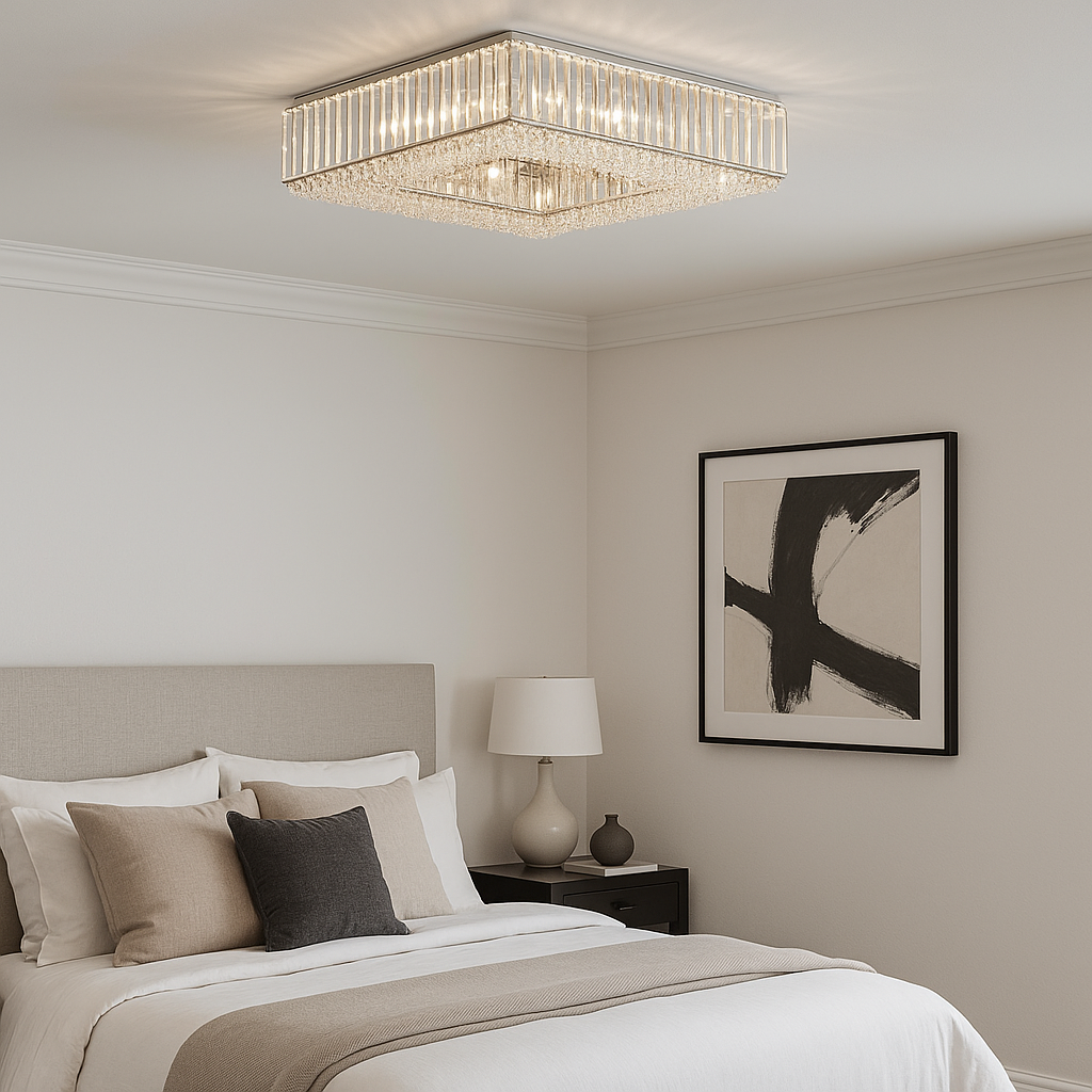 alzburg Large Square Flush 60cm crystal ceiling light, modern luxury flush mount styled in a contemporary bedroom.