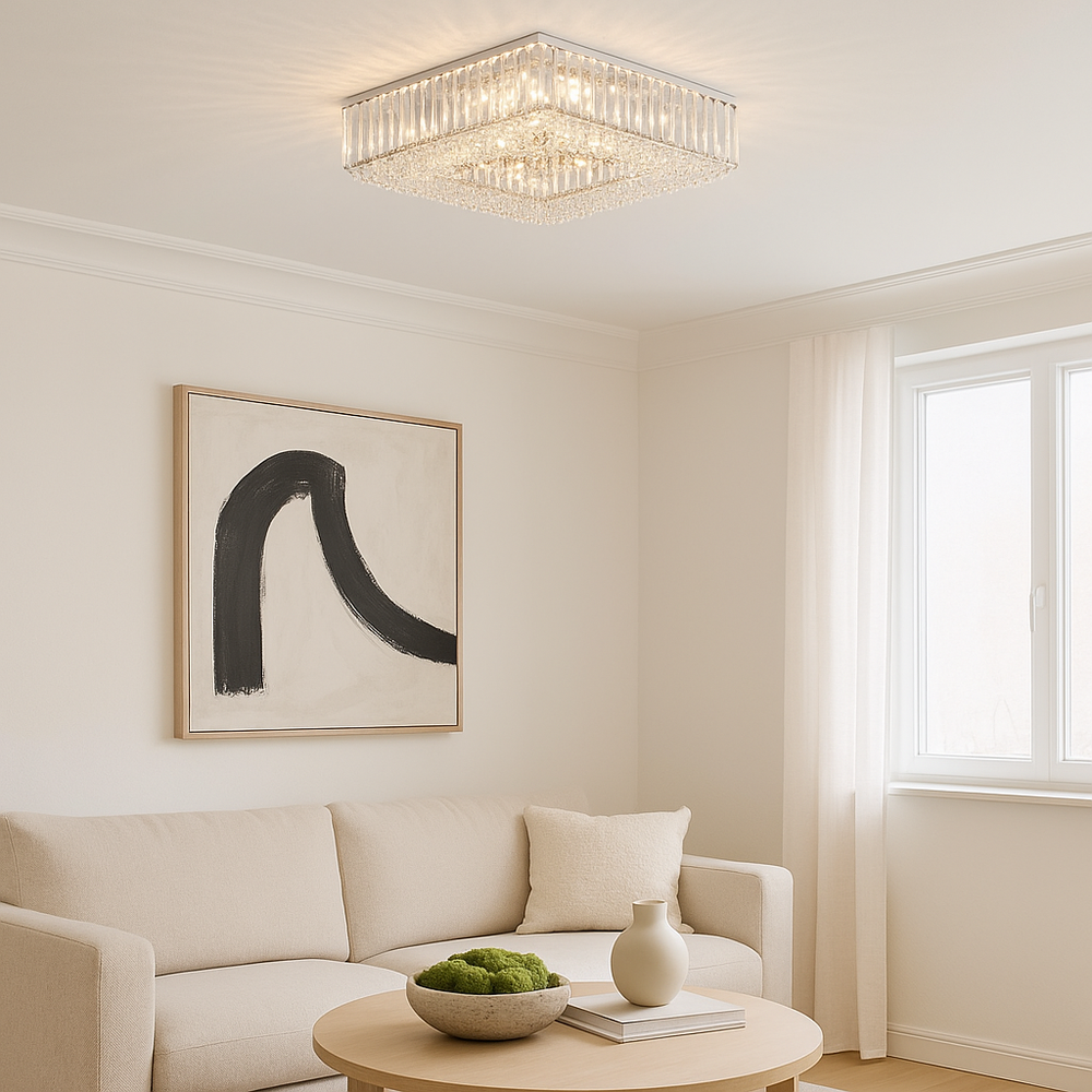 Salzburg Large Square Flush crystal ceiling light 60cm x 60cm in a light and airy Scandi living room with neutral sofa, round table, moss bowl, and abstract artwork