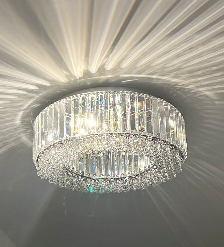 Salzburg Small Polo Flush ceiling light in polished chrome with crystal glass blocks and button detailing, luxury flush light for low ceilings.