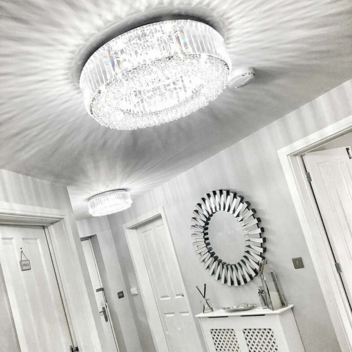 Salzburg Small Polo Flush ceiling light in a modern hallway, chrome and crystal design for luxury interiors.