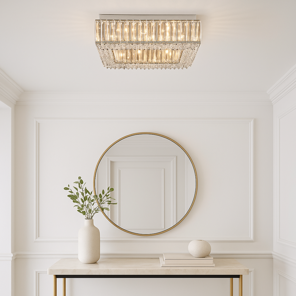Salzburg Small Square Flush crystal ceiling light, hero focus, 45cm wide, in a modern luxury hallway interior.