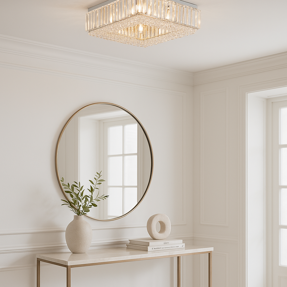 Salzburg Small Square Flush crystal ceiling light, 45cm wide, styled in a luxury hallway with console table and round mirror.