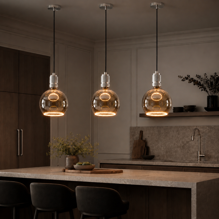 Satin silver Roma pendants in moody kitchen