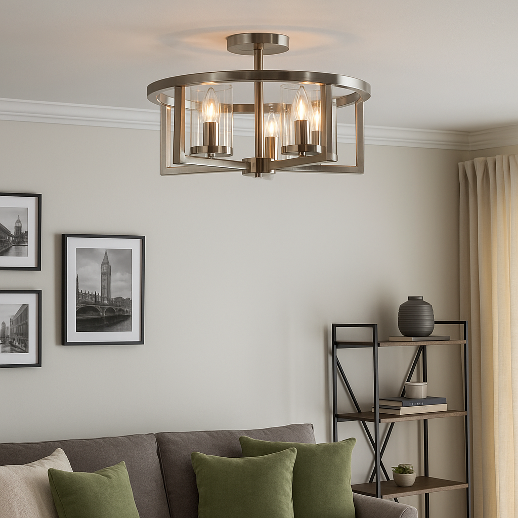 satin silver semi flush ceiling light in modern living room