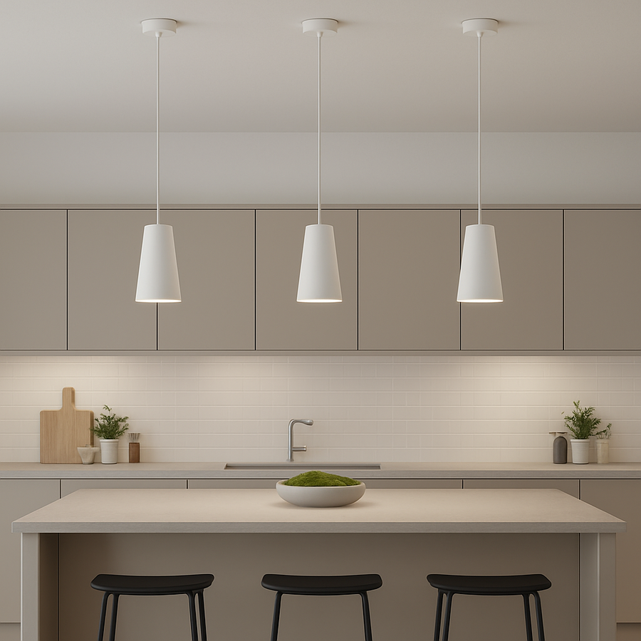 Modern kitchen with three pendant lights above an island, neutral cabinets, black stools, and a decorative bowl of green moss for Scandi-luxury styling"