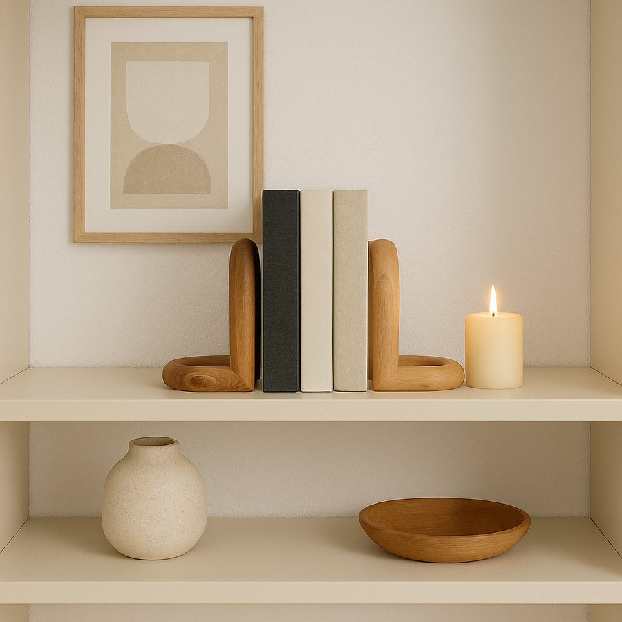 Scandi style wooden bookends holding books on a cream shelf with lit candle, ceramic vase and minimalist artwork – Nordic home décor styling"