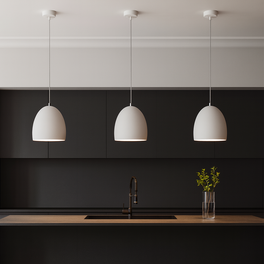 Sherbrook white 3 light pendant above modern kitchen island