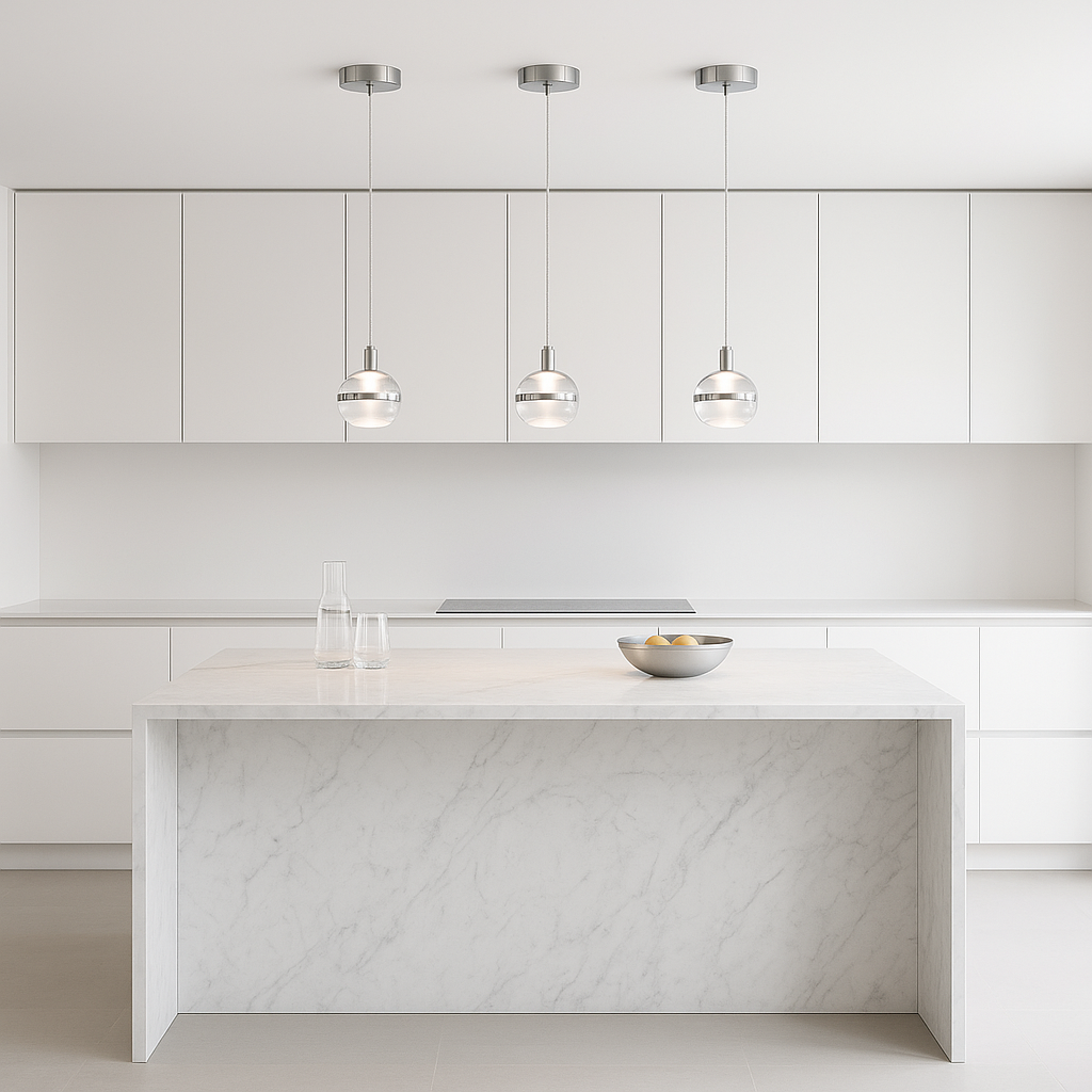 Modern silver 3 light pendant with glass globes above a white marble kitchen island in a minimalist luxury kitchen