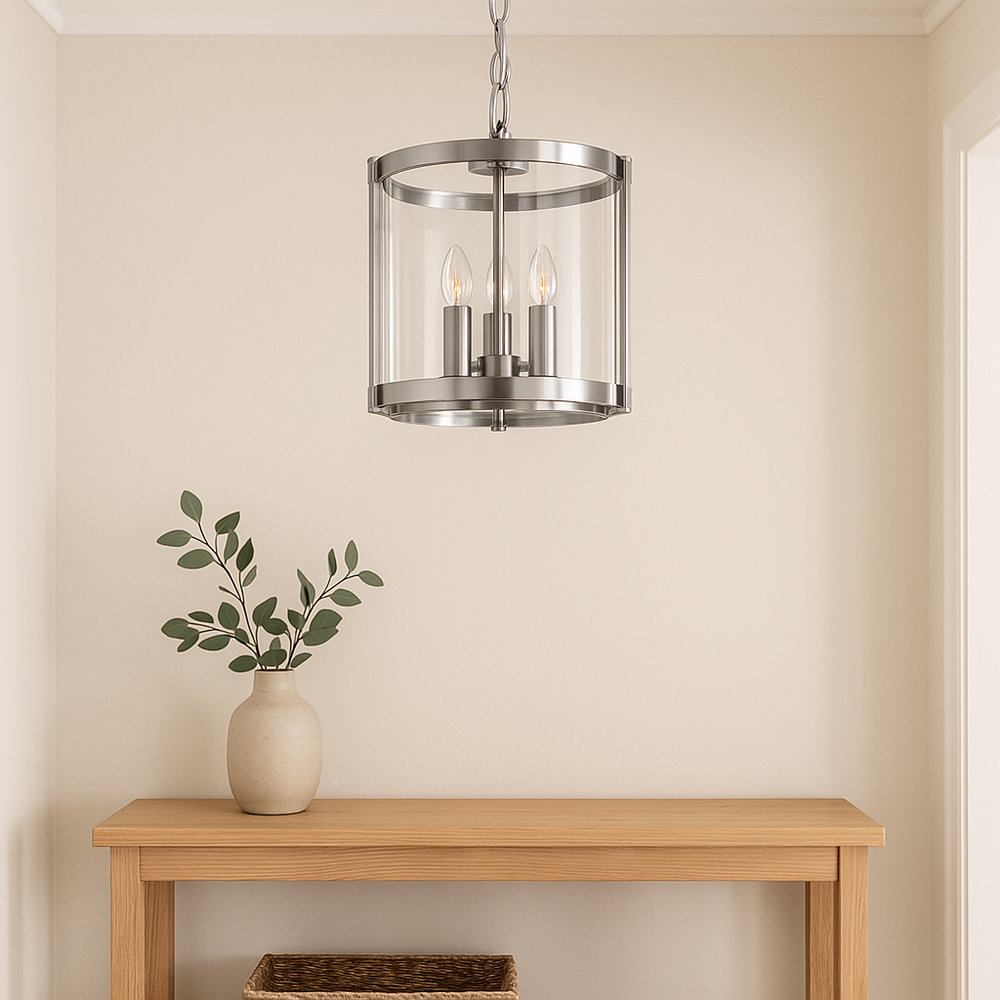 Luxury silver and glass ceiling lantern light styled in a McGee & Co inspired modern classic hallway