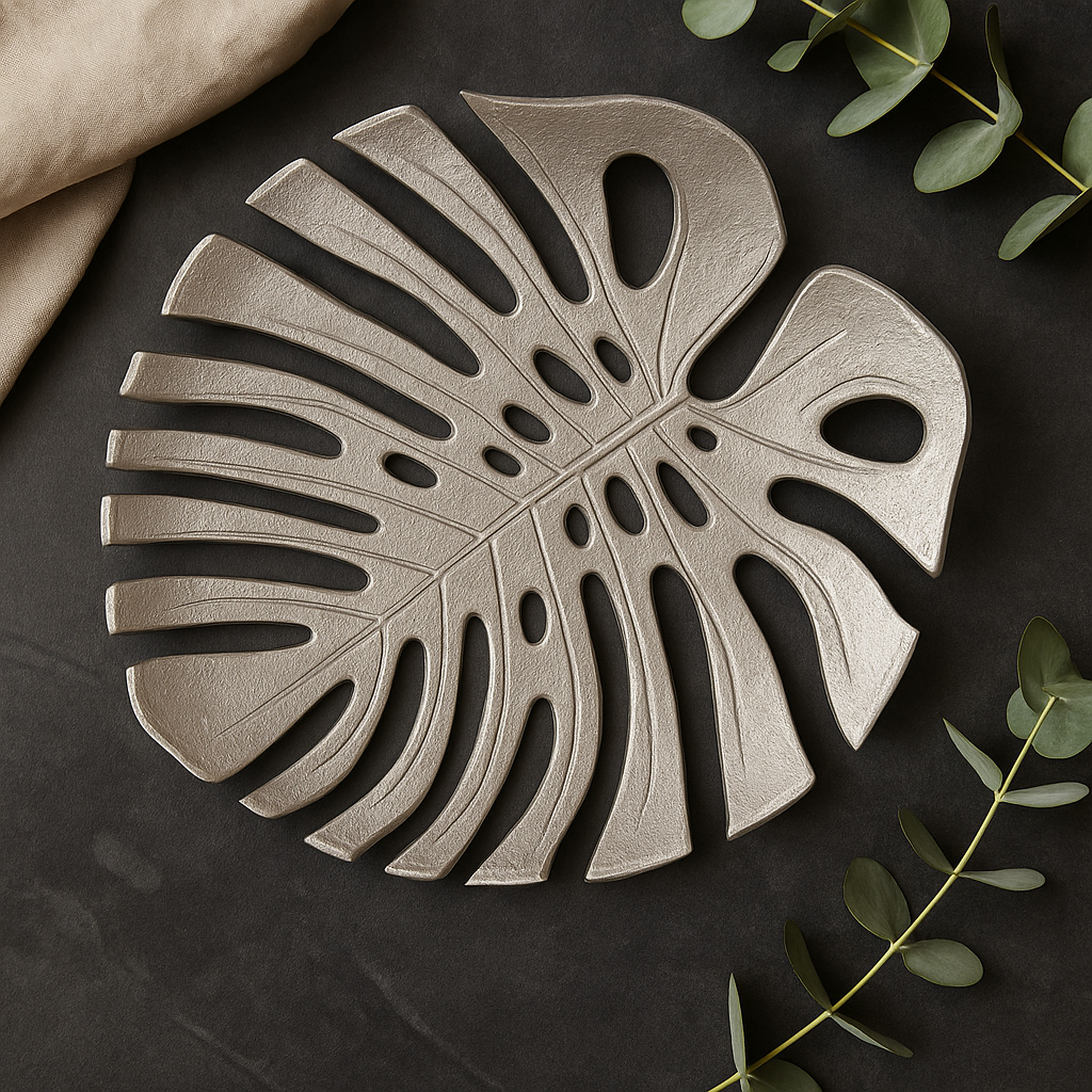 Overhead view of luxury silver monstera leaf decorative dish styled on dark stone surface with fabric and eucalyptus leaves for modern décor