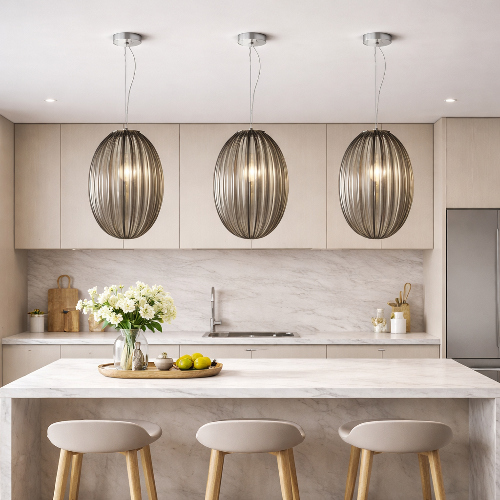 Smoked glass pendant lights above kitchen island