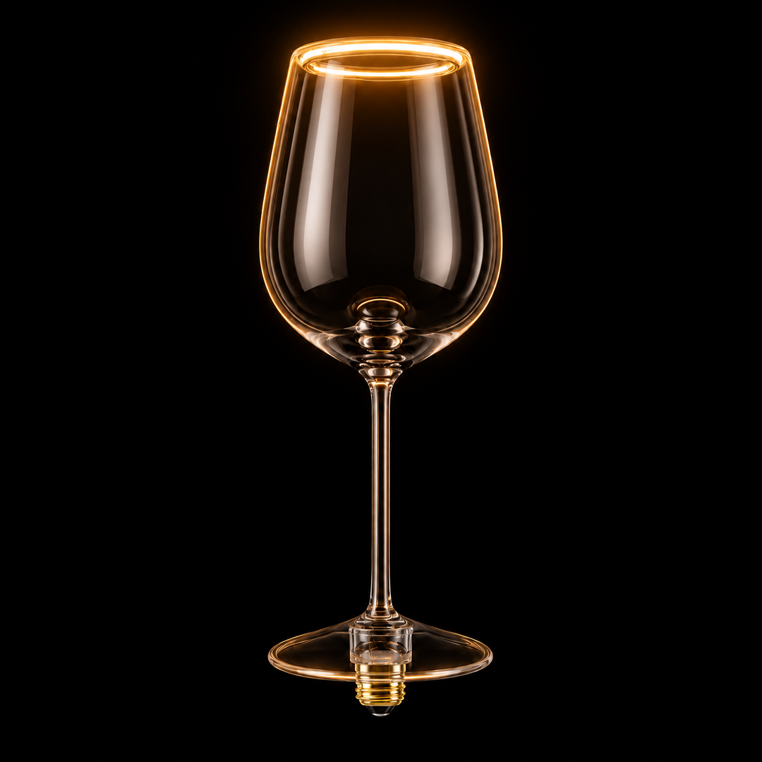 Smoked wine glass Aura Ring LED bulb with E27 screw cap and warm 2200K illuminated rim on a black background.