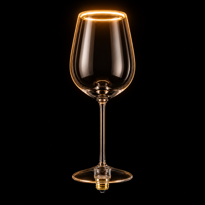 Smoked wine glass Aura Ring LED bulb with E27 screw cap and warm 2200K illuminated rim on a black background.