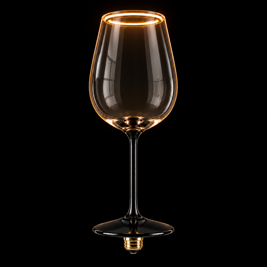 Smoked wine glass Aura Ring LED bulb with E27 screw cap and warm 2200K illuminated rim on a black background.