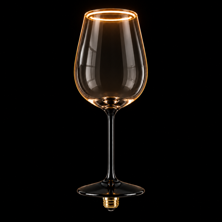 Smoked wine glass Aura Ring LED bulb with E27 screw cap and warm 2200K illuminated rim on a black background.