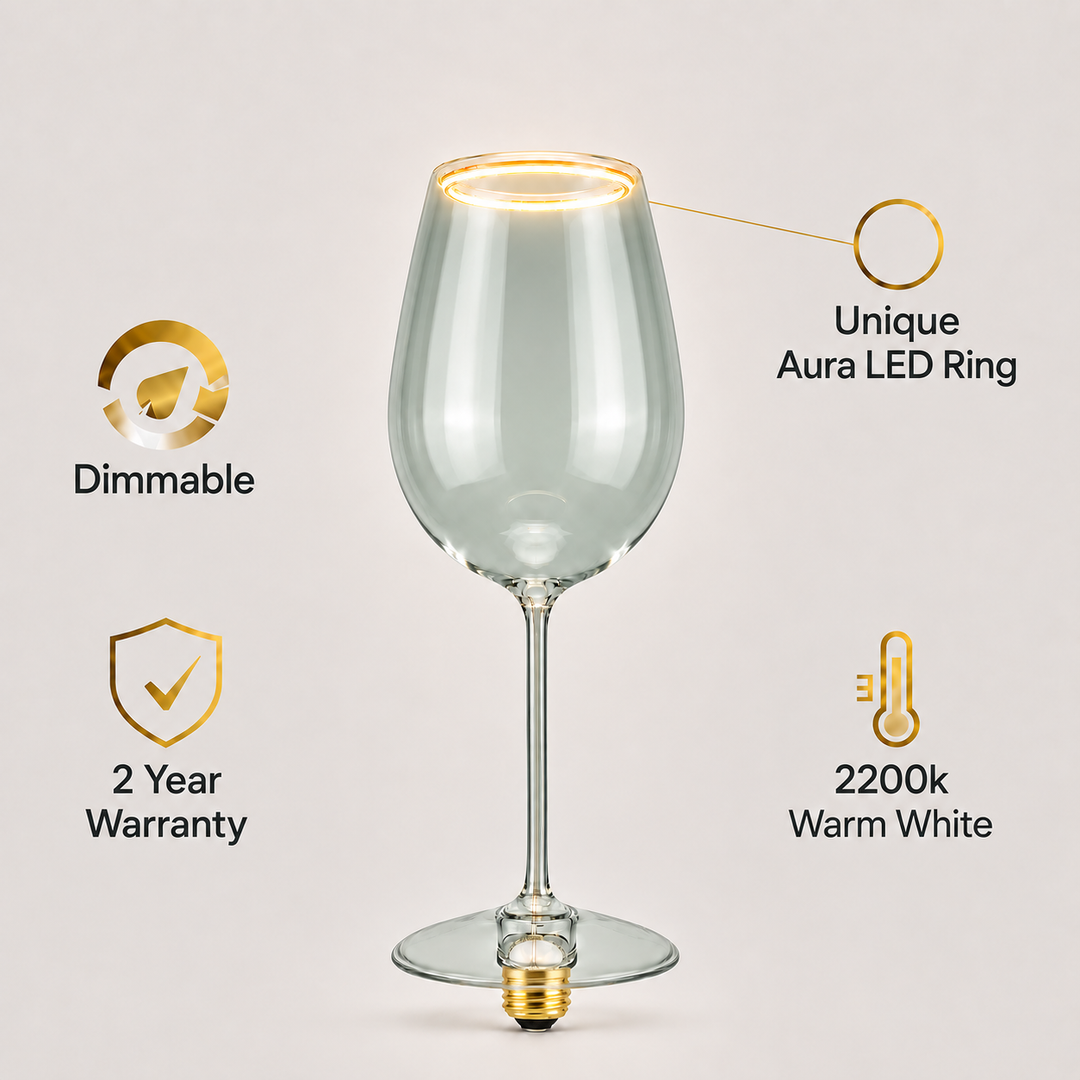 Lightly smoked wine glass LED bulb infographic showing the aura LED ring, dimmable function, 2200K warm white glow and 2 year warranty.