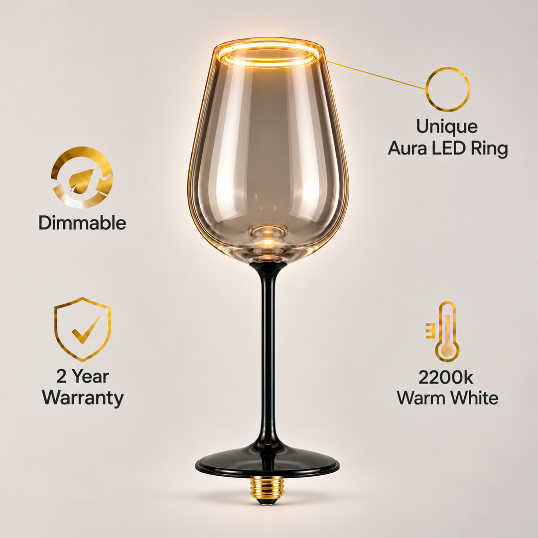 Lightly smoked wine glass LED bulb infographic showing the aura LED ring, dimmable function, 2200K warm white glow and 2 year warranty.
