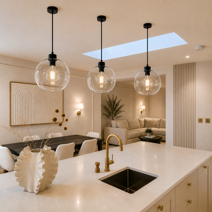 Sofia clear glass pendant light over kitchen island