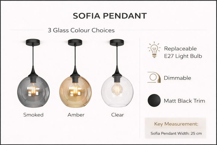 sofia pendant smoked amber clear glass options