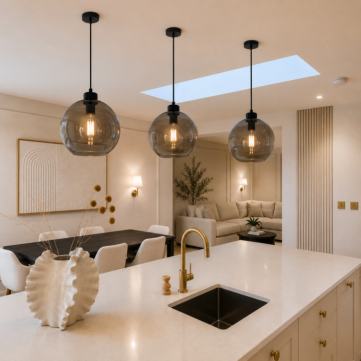 Sofia smoked glass pendant light over kitchen island