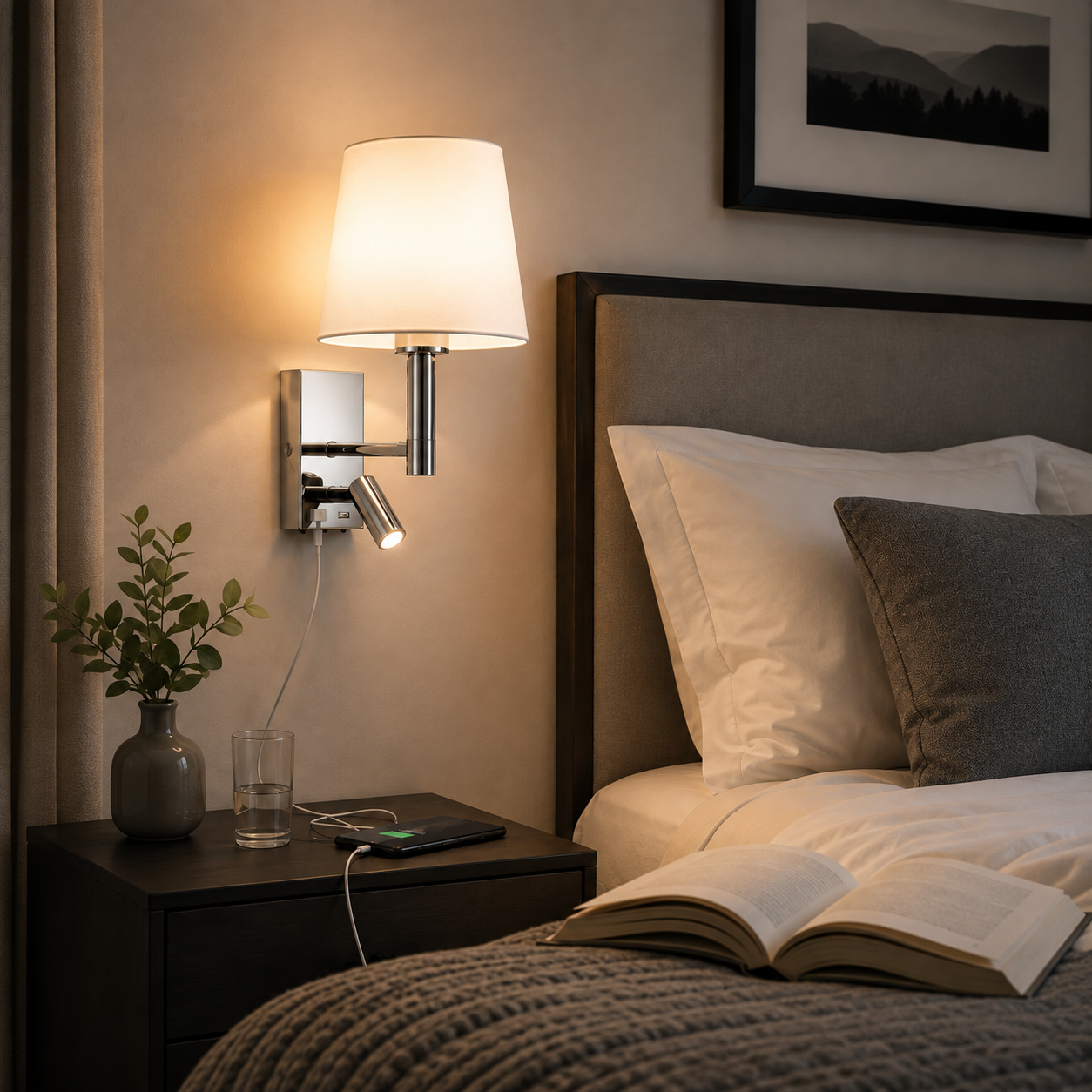 Stirling chrome bedside wall light with white fabric shade, LED reading arm and USB charging socket beside a modern bed.