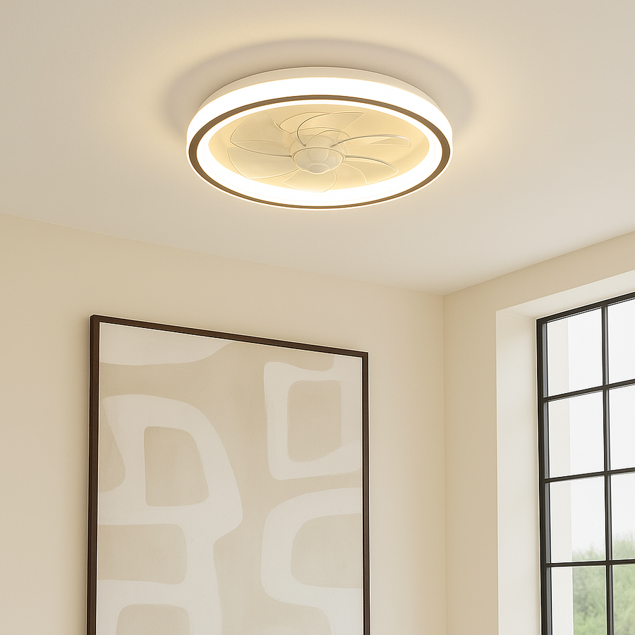 Stockton ceiling fan light mounted on a modern white ceiling in a contemporary room with abstract artwork and window.