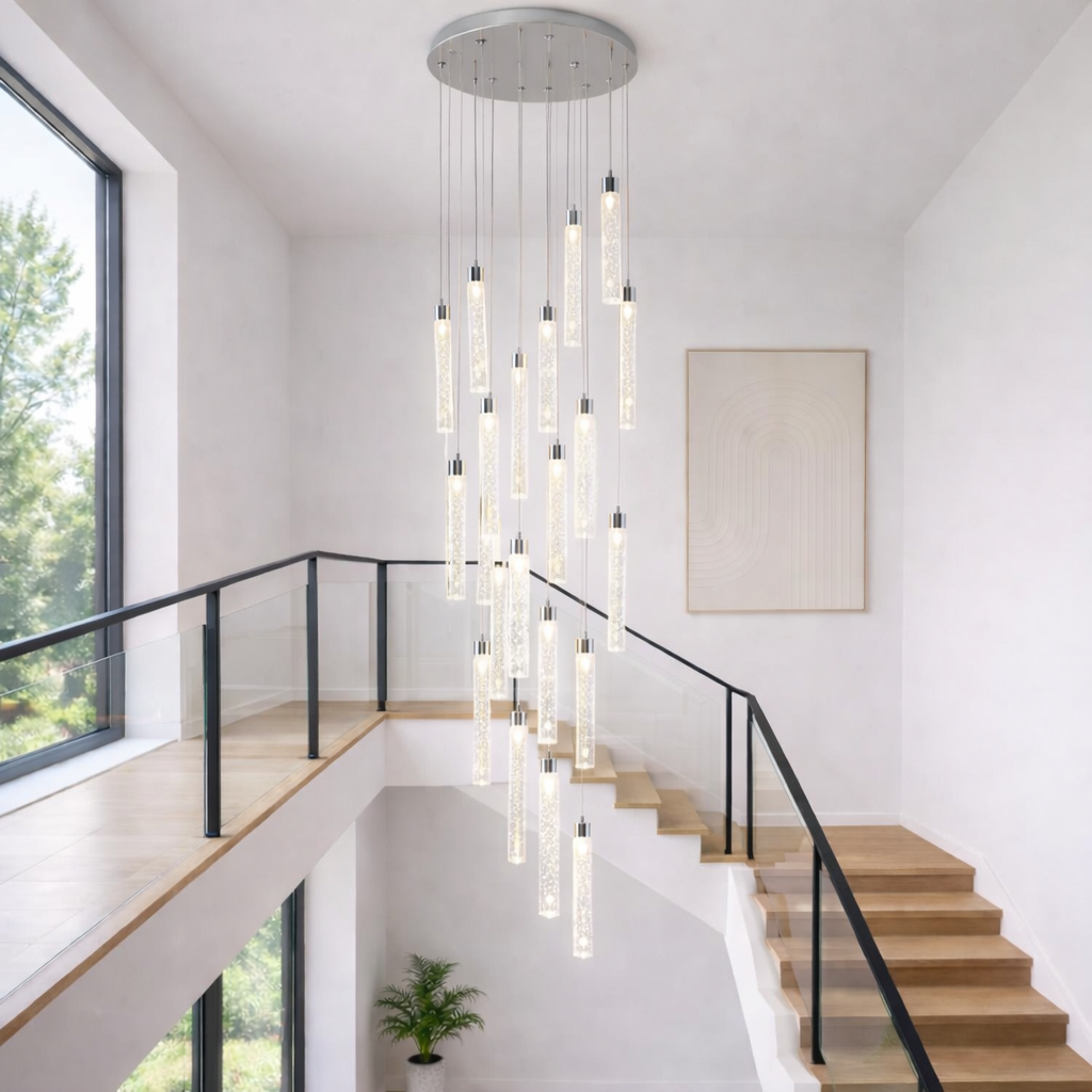 Extra large spiral staircase chandelier in Nordic stairwell