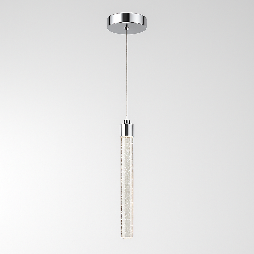 Sydney Single Pendant light with polished chrome canopy, slim suspension cable, and shard-textured cylindrical glass shade with bubbles