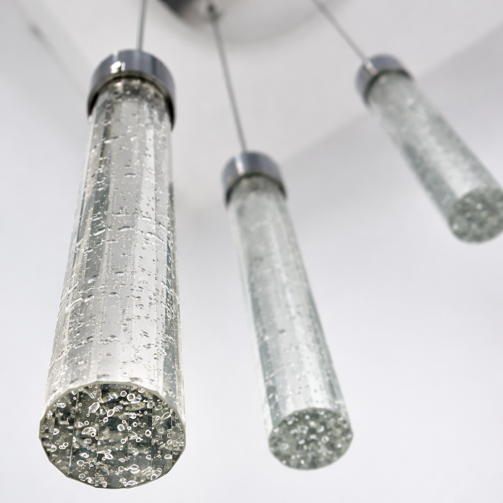 Solid bubble glass staircase chandelier shards close up