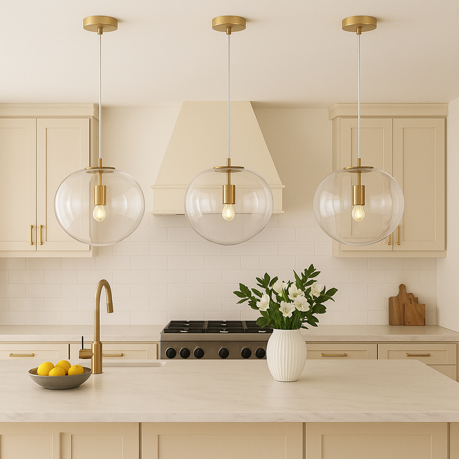 Three gold and clear glass pendant lights evenly spaced above a large cream kitchen island with marble countertop