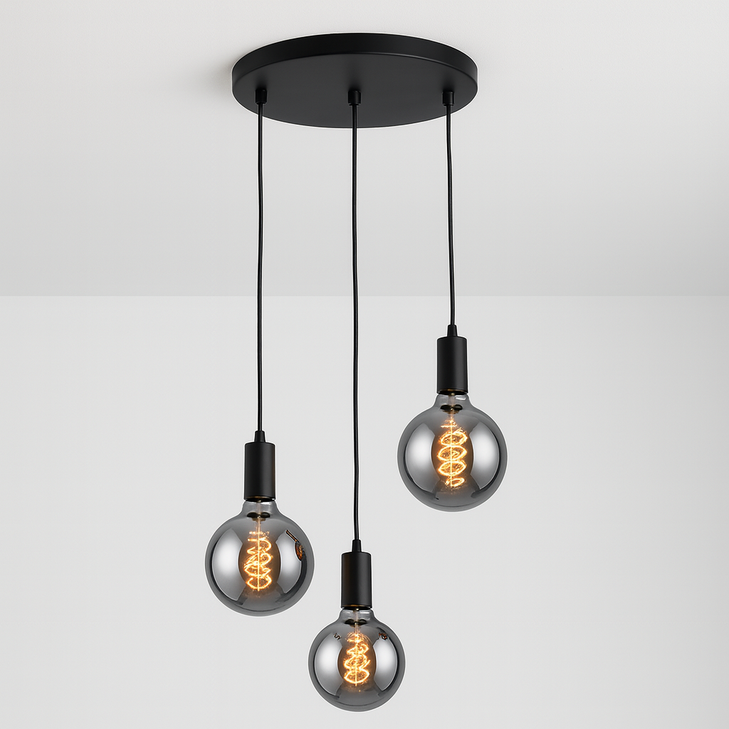 Tiber 3 light black pendant with chrome bulbs