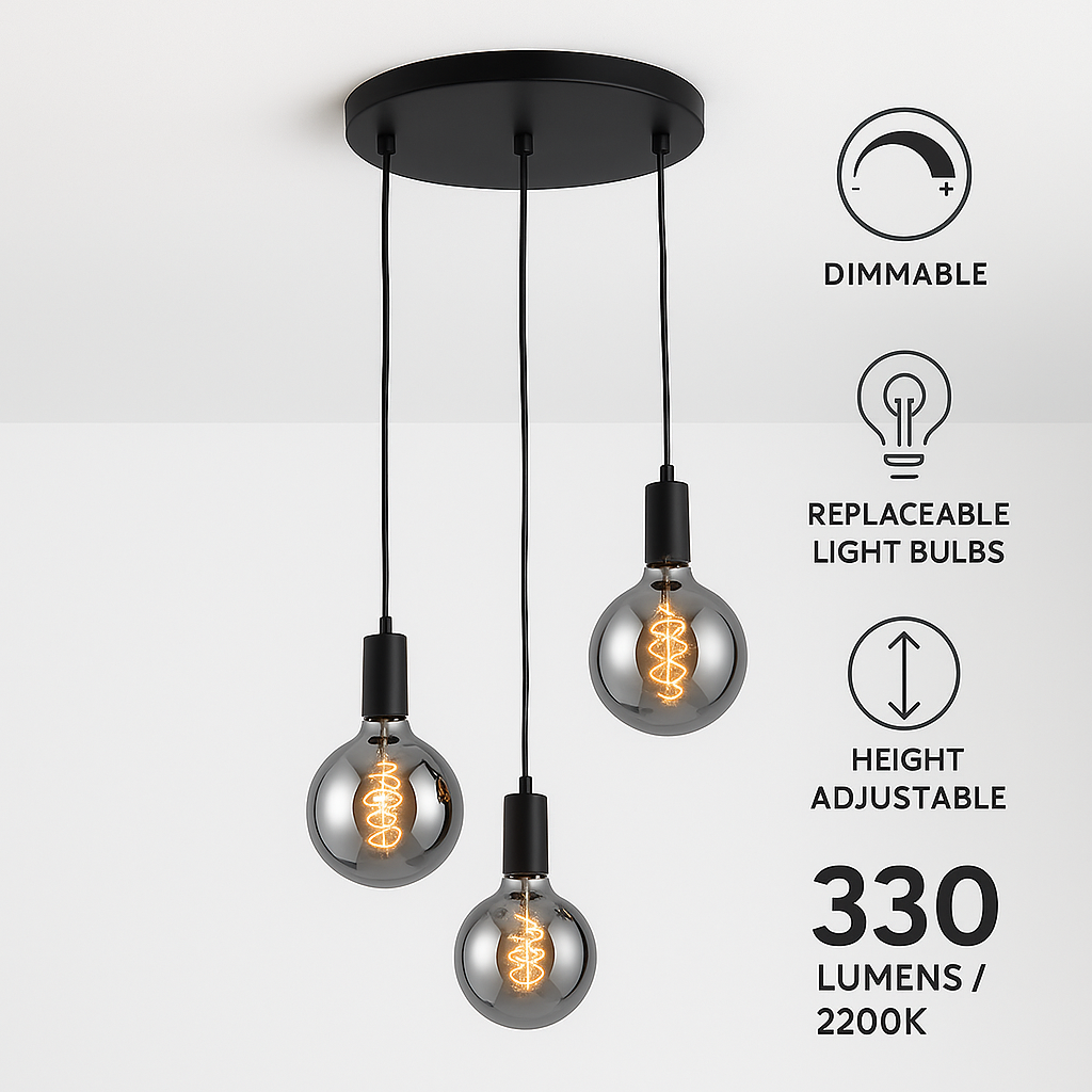 Tiber 3 light black chrome pendant dimmable 330 lumens