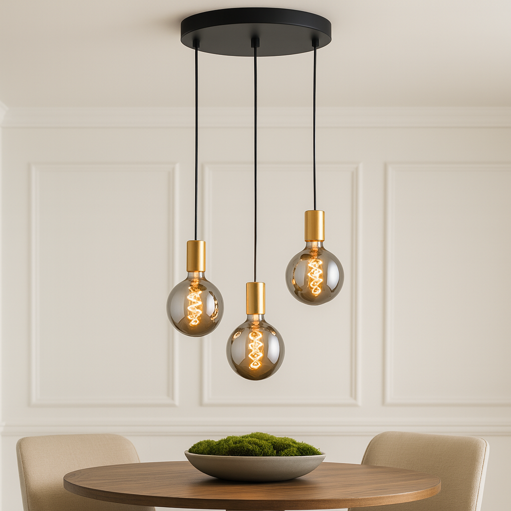 Tiber 3 light brushed gold pendant with smoked chrome bulbs 2200K
