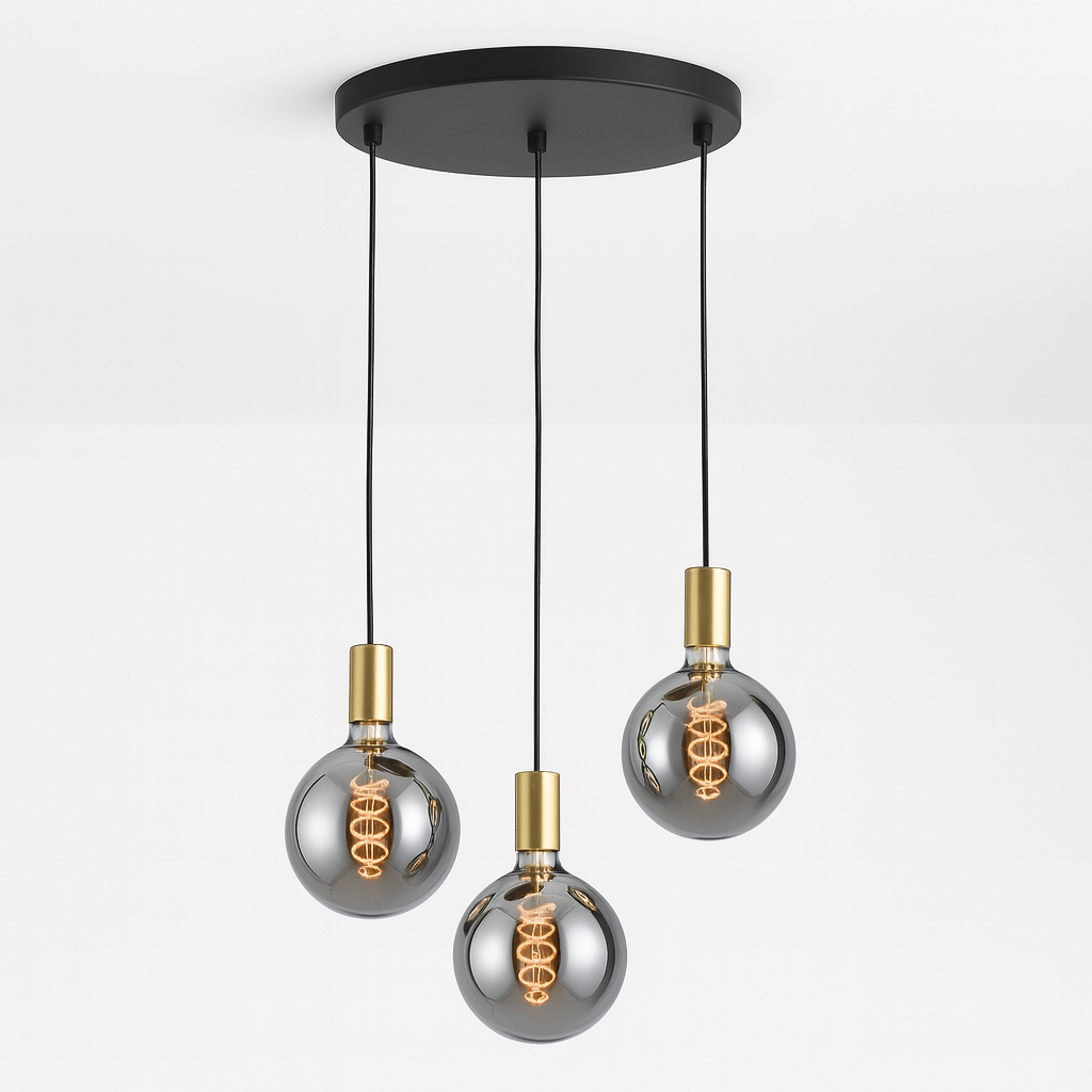 Tiber 3 light brushed gold pendant with chrome bulbs