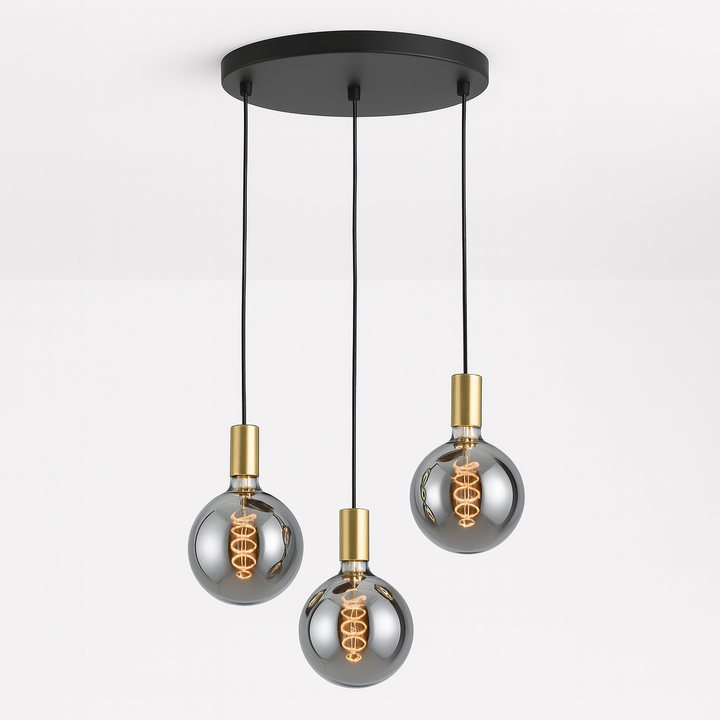 Tiber 3 light brushed gold pendant with chrome bulbs