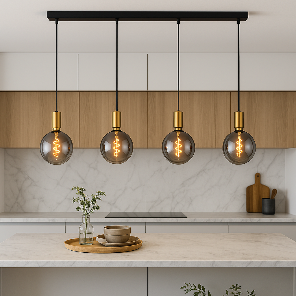 Tiber 4 light pendant bar with smoked bulbs and gold caps above marble kitchen island in Scandi modern interior
