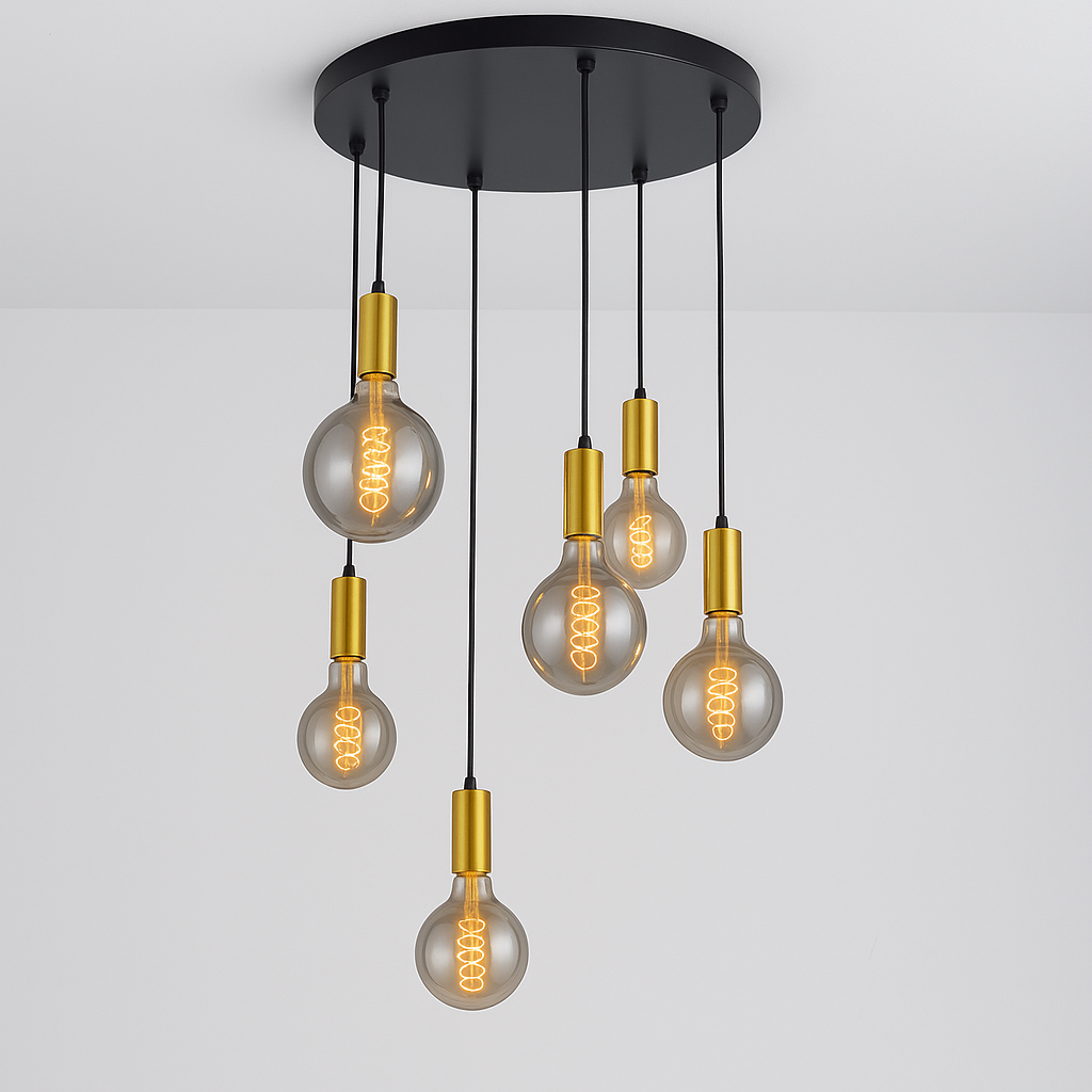Tiber 6 light gold cap pendant with spiral filament bulbs