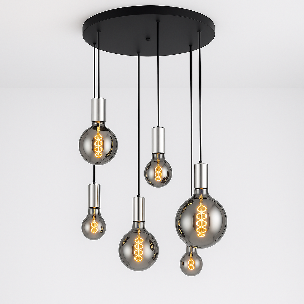 Tiber 6 light pendant polished silver with smoked mirror bulbs