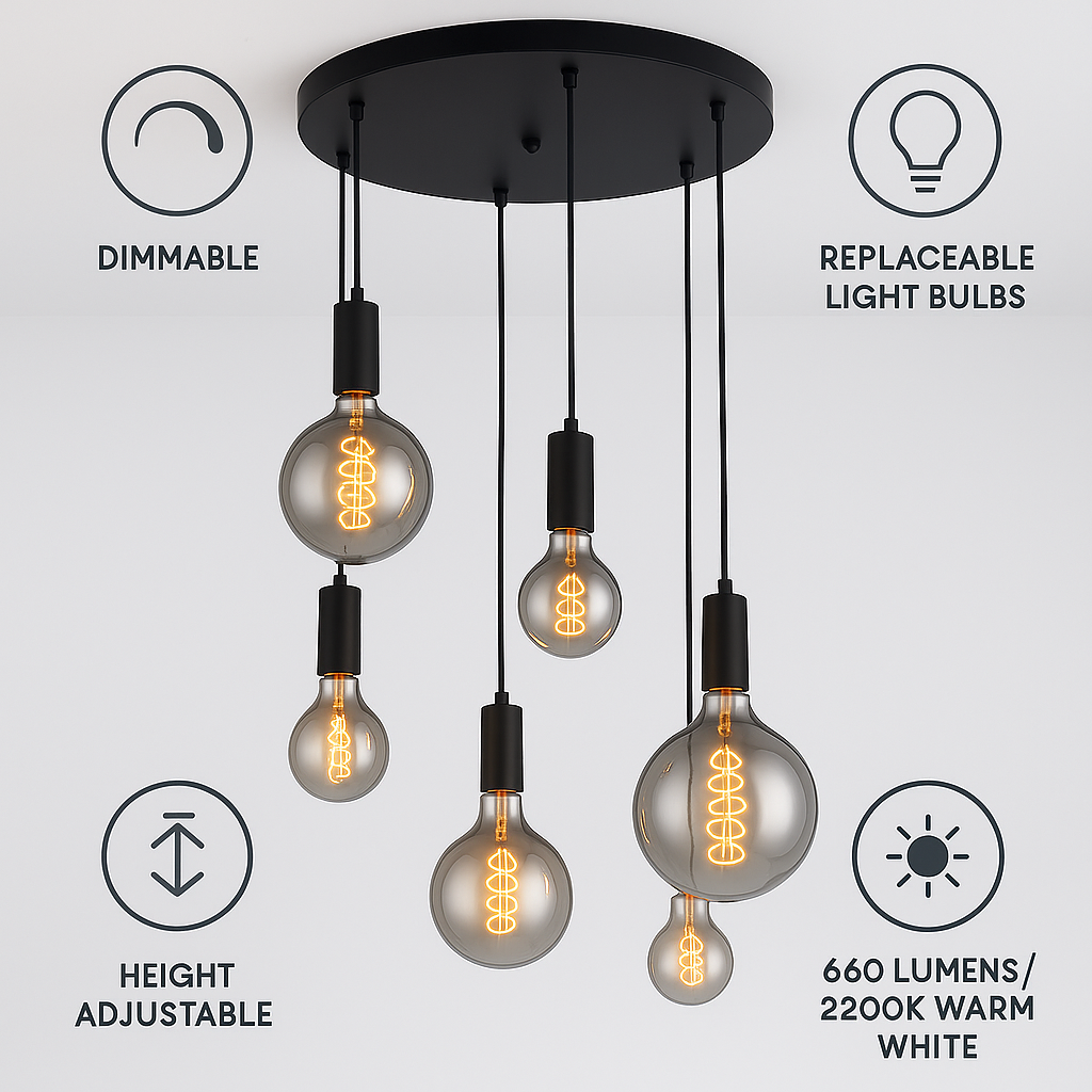Tiber 6-light spiral pendant black with replaceable dimmable bulbs