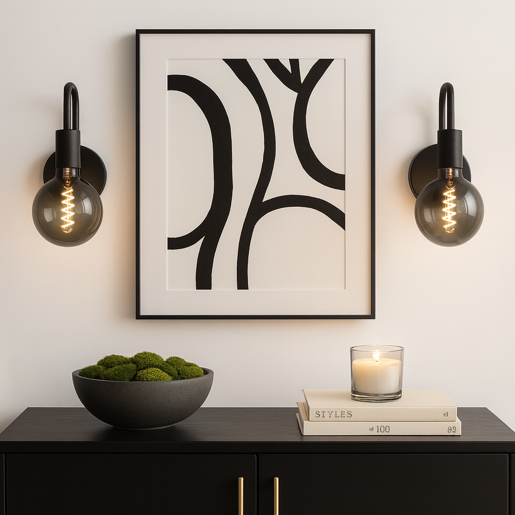 Tiber black wall lights with smoked glass above console table