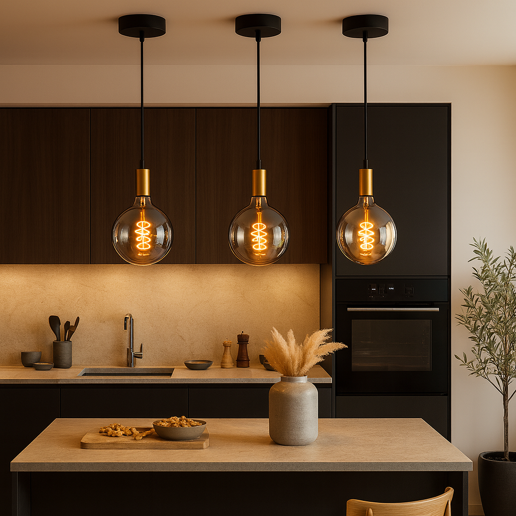 tiber gold cap pendant lights in luxury kitchen with spiral filament