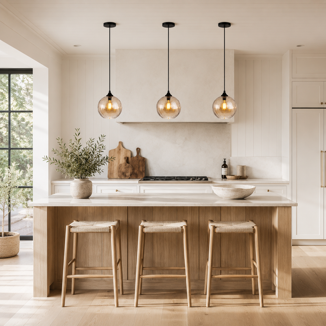 Three Toledo amber glass pendants over kitchen island