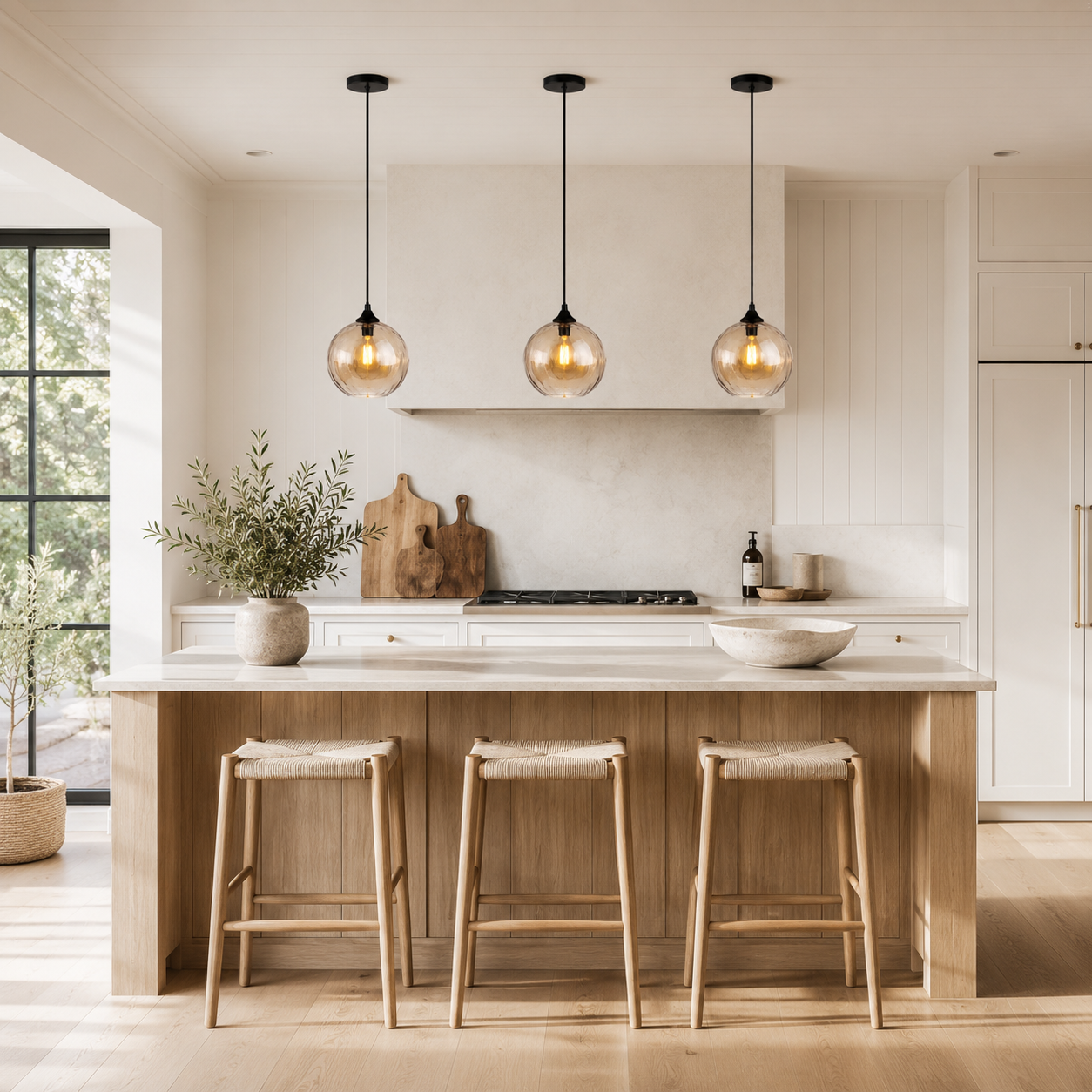 Three Toledo amber glass pendants over kitchen island
