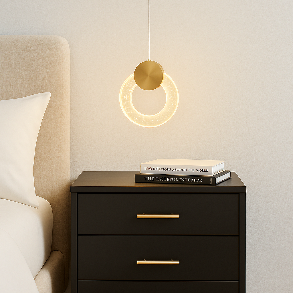 Toledo gold glass ring pendant light above black drawers